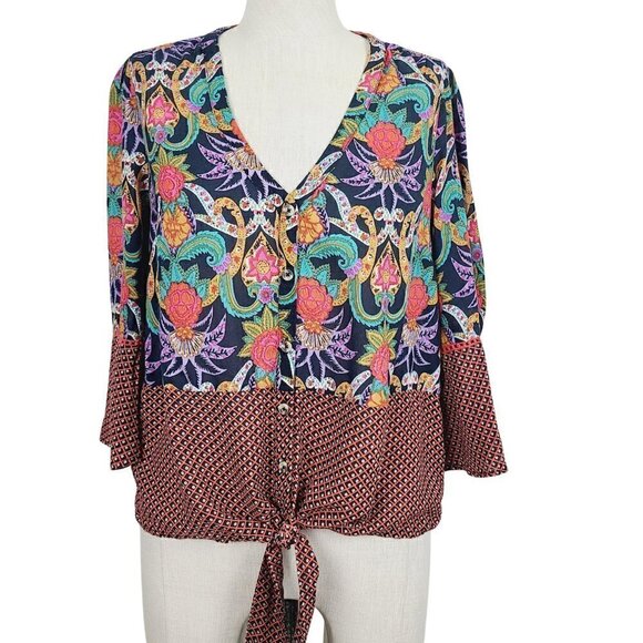 Maeve‎ Anthropologie Blouse 4 Black Multi Floral Tie Button Front V-Neck Top - Picture 1 of 8